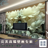 客厅电视背景壁纸3d立体墙布壁画中国风墙纸中式现代玉雕荷花浮雕