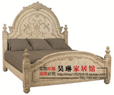 美式乡村实木双人床法式复古做旧雕花床高靠背雕花方床公主床婚床