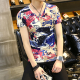 夏季男士短袖T恤韩版修身青少年冰丝学生半袖印花V领男装打底衫潮