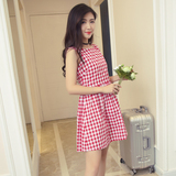 【天天特价】韩国修身显瘦学生中长裙无袖背心红格子时尚连衣裙女