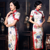【天天特价】长款中国风印花修身真丝旗袍 复古宴会礼服装W384