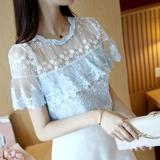 2016夏季新款韩版女装短袖百搭t恤打底衫镂空蕾丝雪纺衫时尚上衣