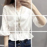 2016夏季新款韩版纯色短袖圆领镂空宽松套头荷叶边袖雪纺衫上衣女