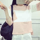 半袖T恤女夏2016韩版新款学生简约短袖拼接七分袖宽松长袖上衣潮