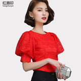 名媛镂空蕾丝衫修身显瘦短款上衣红色短袖雪纺衫2016夏季新款女装