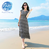 2016夏季女装波西米亚连衣裙收腰短袖印花条纹长裙海边度假沙滩裙