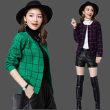2016秋季新款韩版女装宽松大码羊毛针织衫短款格子开衫女秋装外套