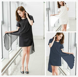 新款夏季韩版显瘦雪纺衫时尚短袖T恤宽松中长款大码黑色打底衫女