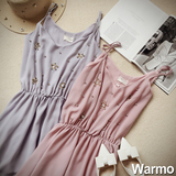 warmo2016夏季新款韩版无袖镶钻高腰吊带连衣裙雪纺短裙V领显瘦女