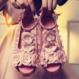 高跟凉鞋女婚鞋粗跟单鞋新娘花朵鞋珍珠粉色真皮伴娘鞋防水台厚底