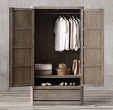 美式做旧实木大衣柜 欧式实木复古2门衣柜 现代中式卧室简约衣柜