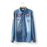 2016春秋装新款MLB牛仔衬衫 日本原宿系NY宽松大码长袖贴布衬衫女