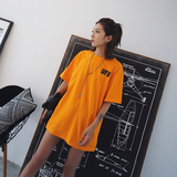 【ZORE STUDIO】橘色字母印花T恤衫女宽松中长款短袖体恤衫上衣