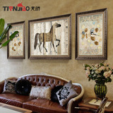 欧式装饰画客厅沙发墙组合三联挂画美式横版复古玄关有框壁画马