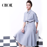 CHOK2016新款春季套装女时尚两件套条纹短袖衬衫+高腰a字半身裙子