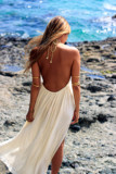 欧美性感露背挂脖式沙滩裙海边度假连衣裙波西米亚飘逸长裙白色夏