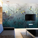 个性抽象现代中式墙纸 客厅电视背景墙壁纸 渐变树枝鸟定制壁画
