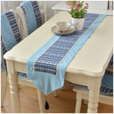 地中海蓝色布艺餐桌旗长方形平角茶几垫棉麻尖头餐边柜桌条床尾旗