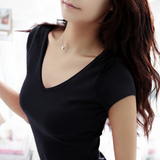 韩版修身打底衫纯色短袖学生T恤女V领百搭半袖显瘦休闲中长款上衣