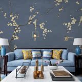中式复古蓝色素雅花鸟墙纸 定制玄关主题房壁纸 卧室电视墙壁画