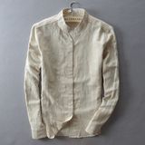 立领亚麻衬衫男长袖棉麻衬衣外贸原单休闲修身日系麻布复古纯白色