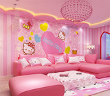 kitty猫卡通儿童房 电视背景墙纸3D卧室粉色壁纸无缝墙布定做壁画