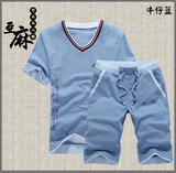 夏季棉麻男士短袖T恤亚麻运动套装男装青年宽松休闲短裤两件套装