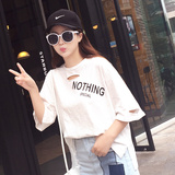 夏装韩版纯棉字母潮流破洞短袖T恤个性女学生宽松中袖上衣体恤衫