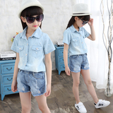 8童装韩版女童纯棉牛仔衬衫短袖夏季10岁中大儿童12大码潮范衬衣