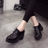 2016新款春秋短靴女单靴黑色短筒靴子防水台高跟粗跟韩版系带女靴