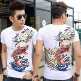 夏季中国风男装短袖T恤鲤鱼图案纹身圆领体恤印花衣服青年半袖衫