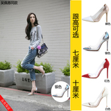 韩版高跟鞋细跟浅口尖头鞋10cm漆皮绒面性感透明玻璃胶拼色女单鞋