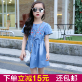 女童牛仔裙夏季2016圆领短袖连衣裙纯棉可爱韩版儿童装中大童裙子