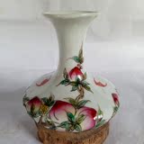 古玩古董 粉彩陶瓷花瓶全手工绘画填彩粉彩九桃寿桃收藏精品