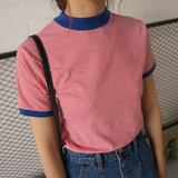 2016夏季新款韩版复古百搭拼色小高领tee细条纹修身显瘦短袖T恤女