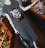 2016夏季新款女装韩版中长款卡通猫鼠钉珠连衣裙宽松无袖T恤长裙