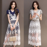 2016夏季新款女装韩版甜美吊带蕾丝长裙+V领纯色短袖连衣裙两件套
