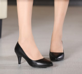新款真皮女鞋高跟鞋女黑色工作鞋尖头 细跟中跟优雅职业粗跟单鞋