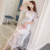 2016夏季新款韩版女装 白色蕾丝修身显瘦沙滩长裙夏 连衣裙 韩国