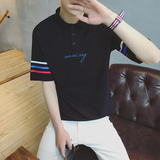 夏季新款英伦条纹印花男士休闲短袖polo衫青年纯色圆领短袖t恤潮