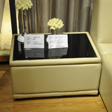 米白色现代简约个性可储物玻璃面皮质真皮床配套床头柜