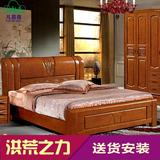 实木床1.8 1.5m双人床橡木现代中式大床婚床高箱气压床框架家具