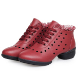 现代软底布鞋成人练功鞋中跟女真皮黑色广场夏季真皮系带红舞蹈鞋