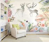 3D森林田园麋鹿餐厅电视背景 创意客厅沙发卧室墙纸大型壁画壁纸