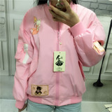 原宿风棒球服女2016秋款女装韩版大码宽松卡通贴布粉色夹克外套女