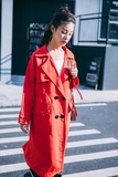 Audrey Wang正品高端欧美风风衣春秋中长款超长大红色女收腰外套