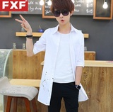 FXF夏季潮男学生中长款衬衣男士短袖衬衫韩版修身男装薄外套上衣
