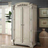 美克美家实木白色做旧大衣柜 新古典美式雕花双门收纳柜卧室家具