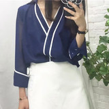 韩国SZE春秋女装2016衬衫女长袖V领套头宽松百搭雪纺上衣纯色衬衣