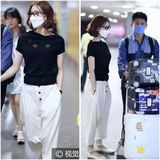 刘诗诗机场同款抽袖黑色T恤+白色吊裆9分裤套装2016夏女装新款潮